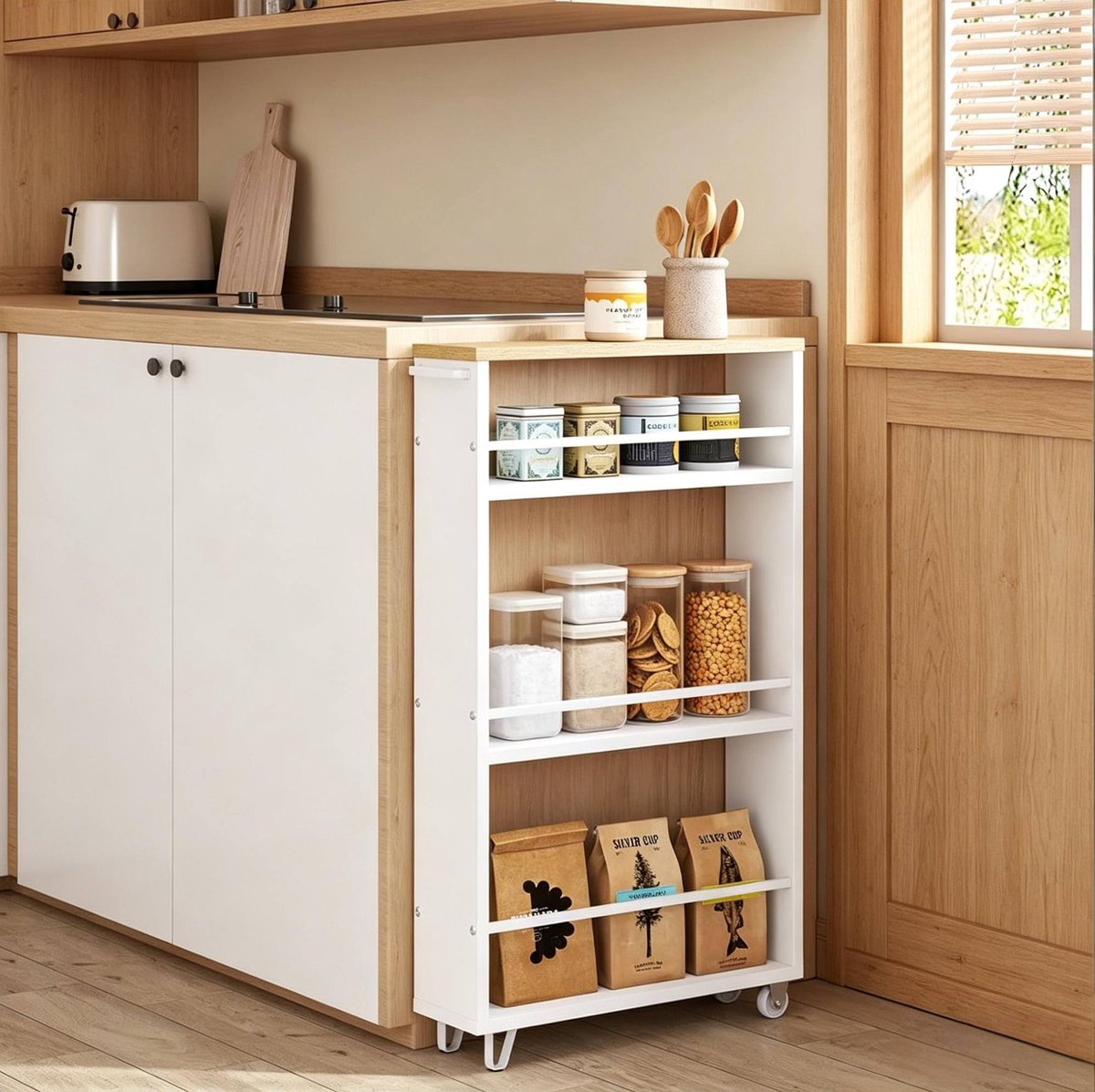 REDOM - Keukenwagen op wielen - Open opbergrek met 3 planken - 4 zwenkwielen met rem - Lichte eikenhout en wit - Keuken - 47 x 80 x 13 cm