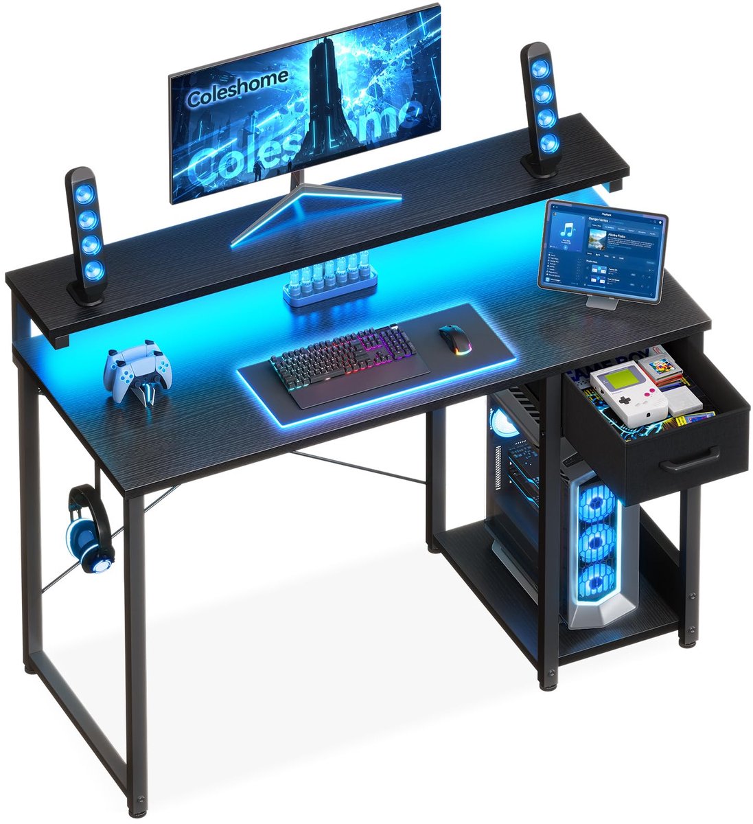 SnelShoppen - Gamingbureau met LED-verlichting 100x45cm, Reversibel Bureau met Plank en Hoofdtelefoonhaak, Zwart Bureau voor Thuis en Slaapkamer