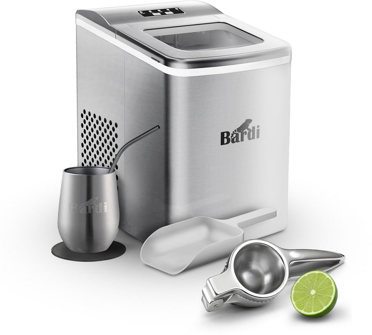 Bardi IJsblokjesmachine Set - 2 Liter - 12KG IJsblokjes in 24 uur - met IJsschep - Inclusief 1 Luxe Thermosbeker - RVS - Citruspers RVS
