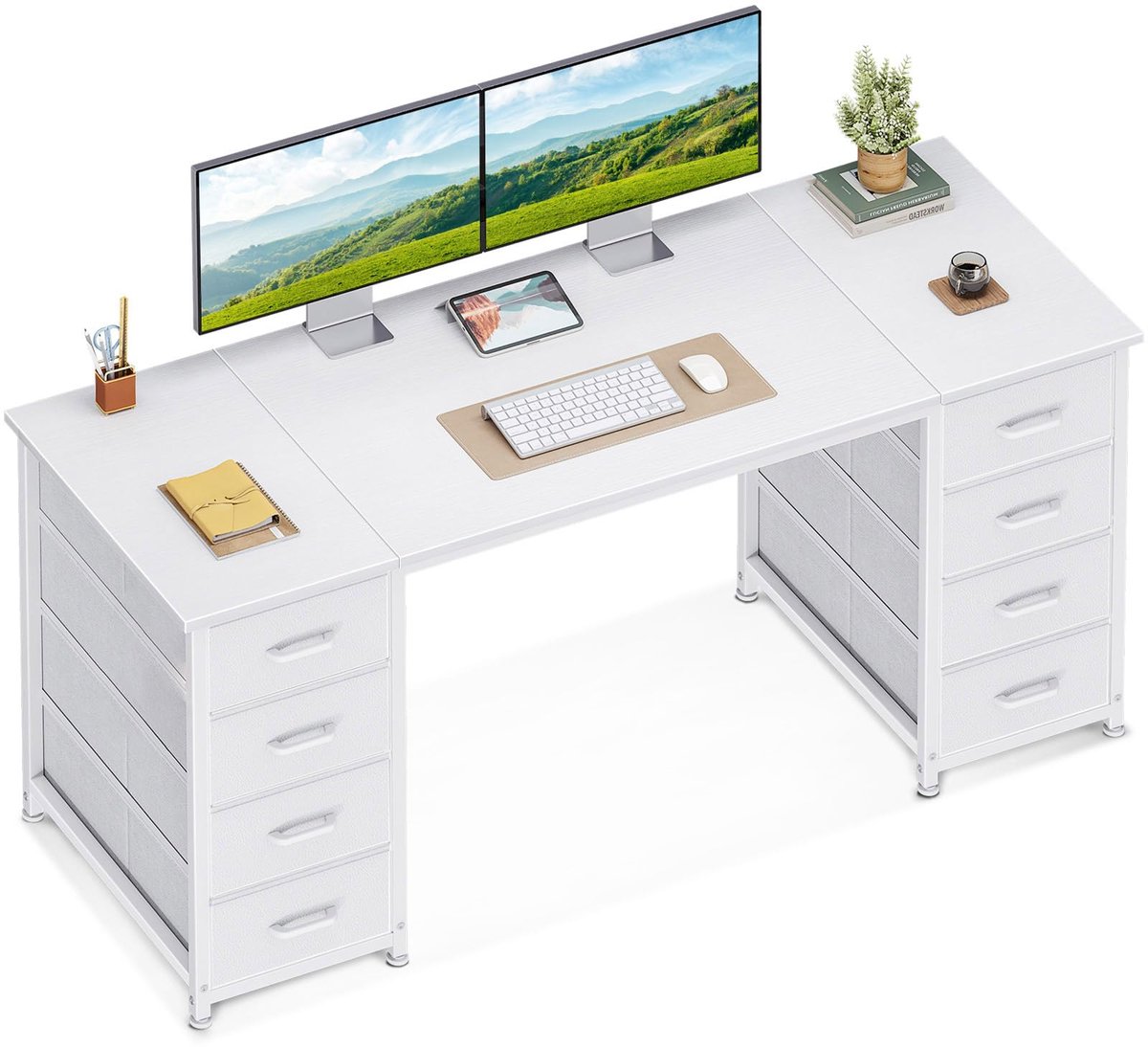 SnelShoppen - Coleshome Bureau met 8 Stoffen Laden - Computerbureau, Kantoortafel met Opbergruimte - Wit 140x48cm voor Thuiswerk, Kantoor, Woonkamer