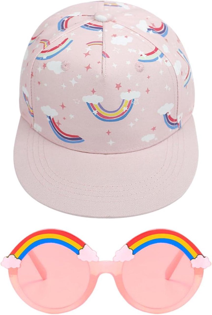 Zonnehoed en Zonnebril Set - Kinder Cap - Outdoor Bescherming - Verstelbaar - 54 yards - Roze Regenboog