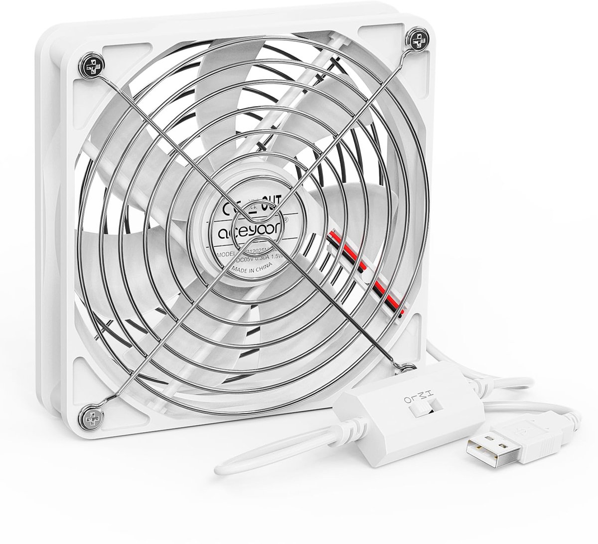 SnelShoppen - USB PC-ventilator 140 mm, wit, 5V, mini-ventilator met 3 snelheden, metalen rooster, CPU-koeler, perfect voor PS5, camping, tuin, kantoo
