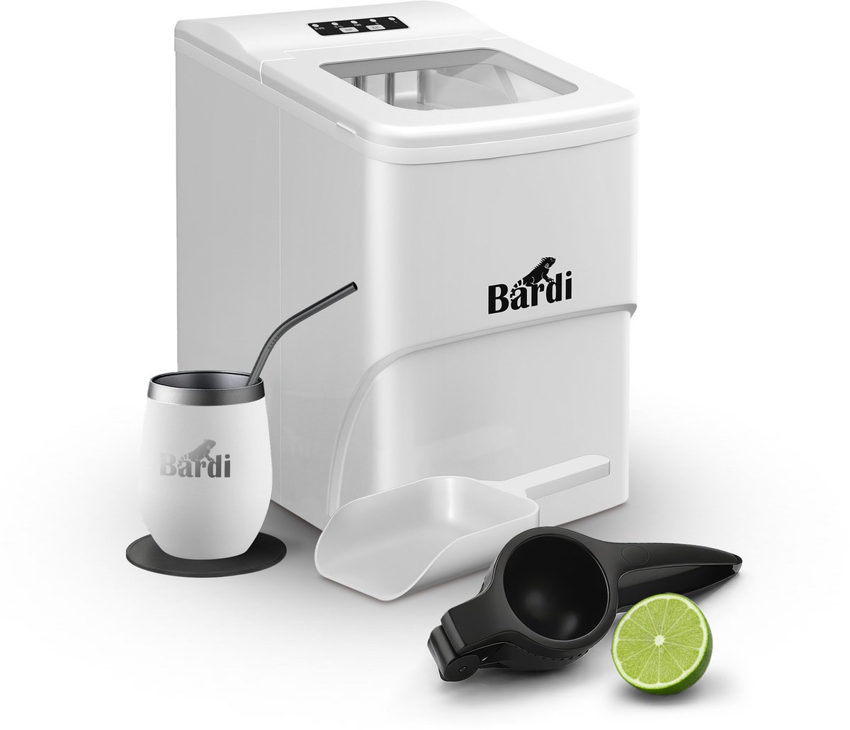 Bardi IJsblokjesmachine Set - 2 Liter - 12KG IJsblokjes in 24 uur - met IJsschep - Inclusief 1 Luxe Thermosbeker - Wit - Citruspers Zwart