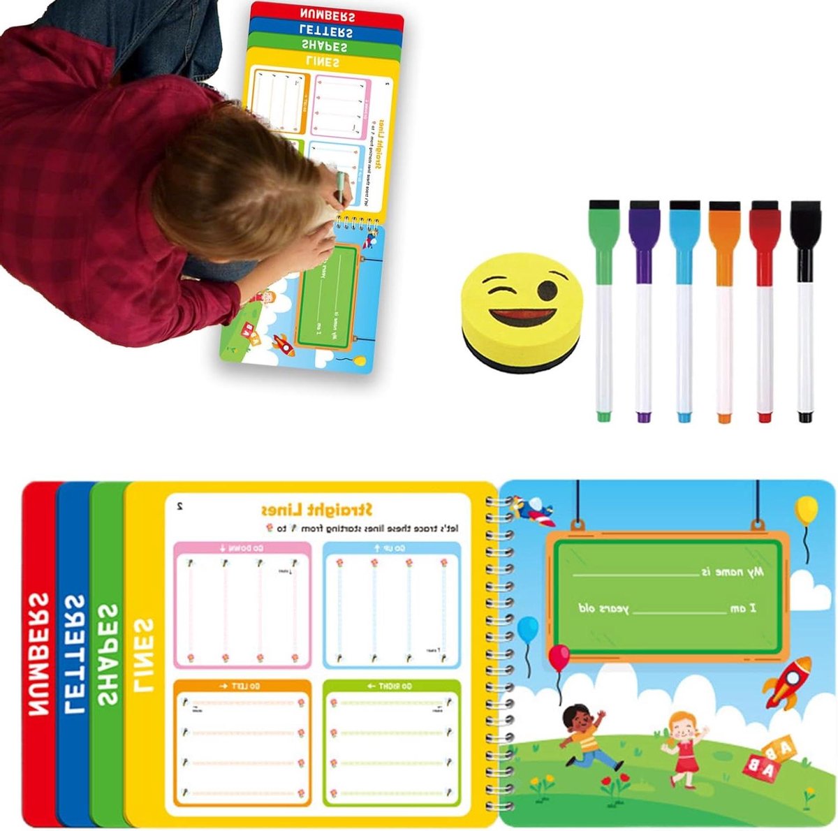 Alfabet Leerboek - Schrijfboek Kleuters - Leren Schrijven - Herbruikbaar met Wisser - A4 Formaat - Meerkleurig