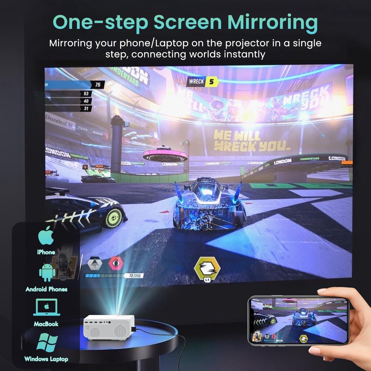 SnelShoppen - Mini Beamer WiFi Bluetooth Full HD 1080P, 4K Home Cinema, 300'' Display, Zoomfunctie, Compatibel met Smartphone/HDMI/USB/Laptop/Fire Sti