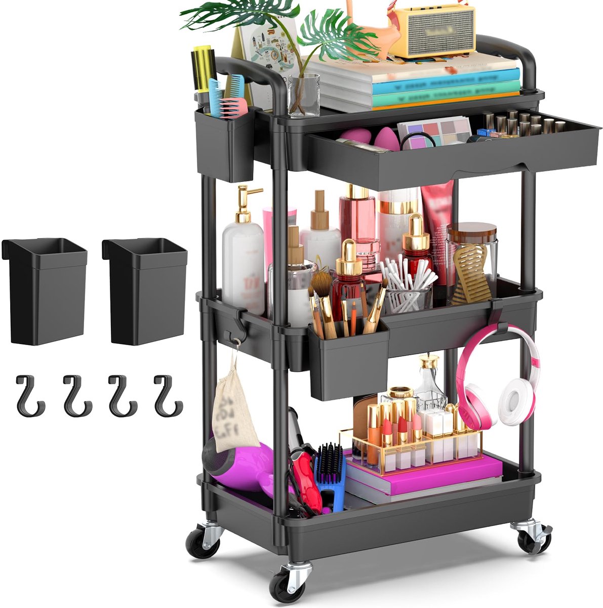 Opbergwagen Met 3 Lagen En Lade - Verrijdbare Keukentrolley Met Wielen - Multifunctionele Organizer Met Kunststof Planken Voor Keuken, Badkamer En Kantoor