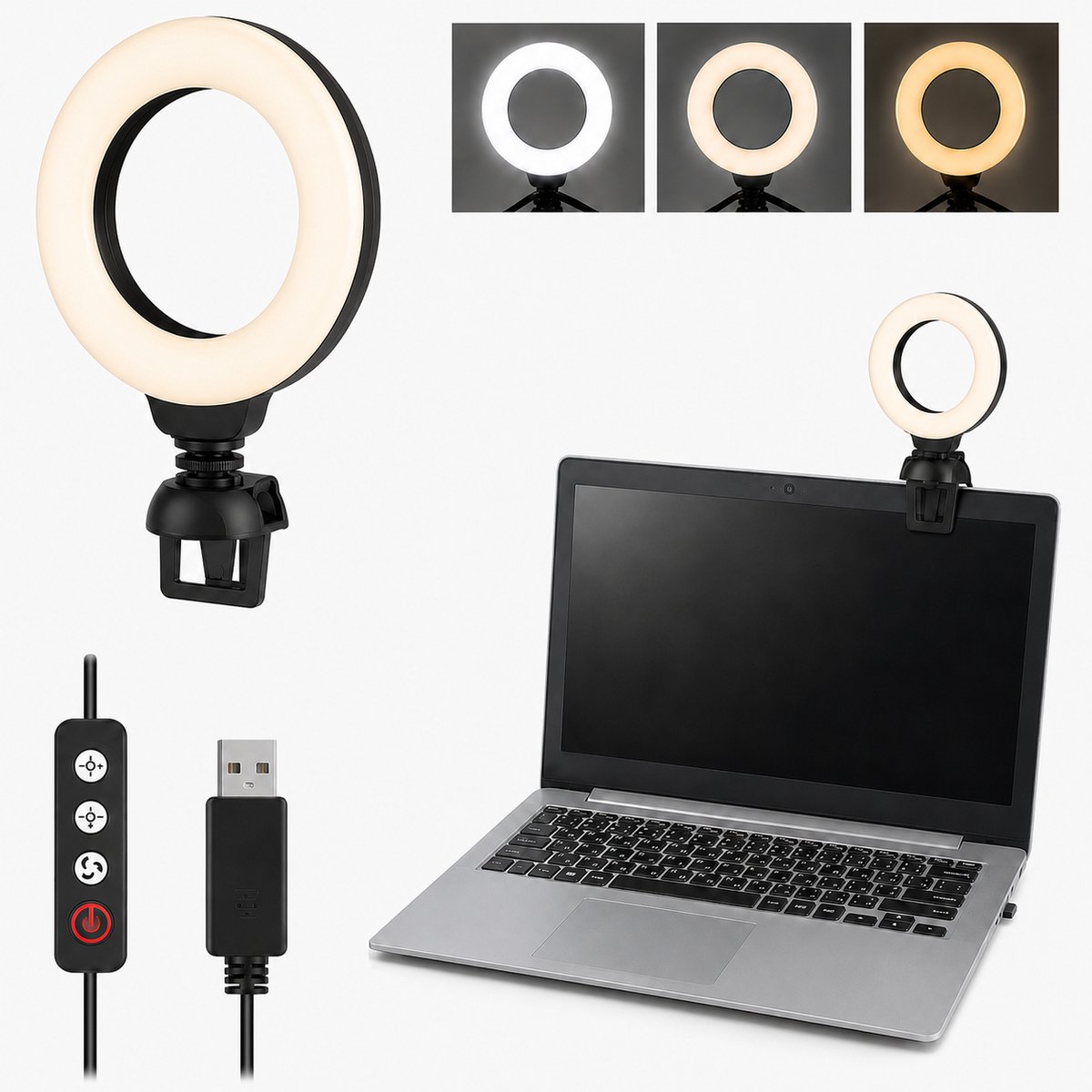 Laptop Ringlamp - Instelbare Kleurtemperatuur - Met Octopusstatief - Zwart