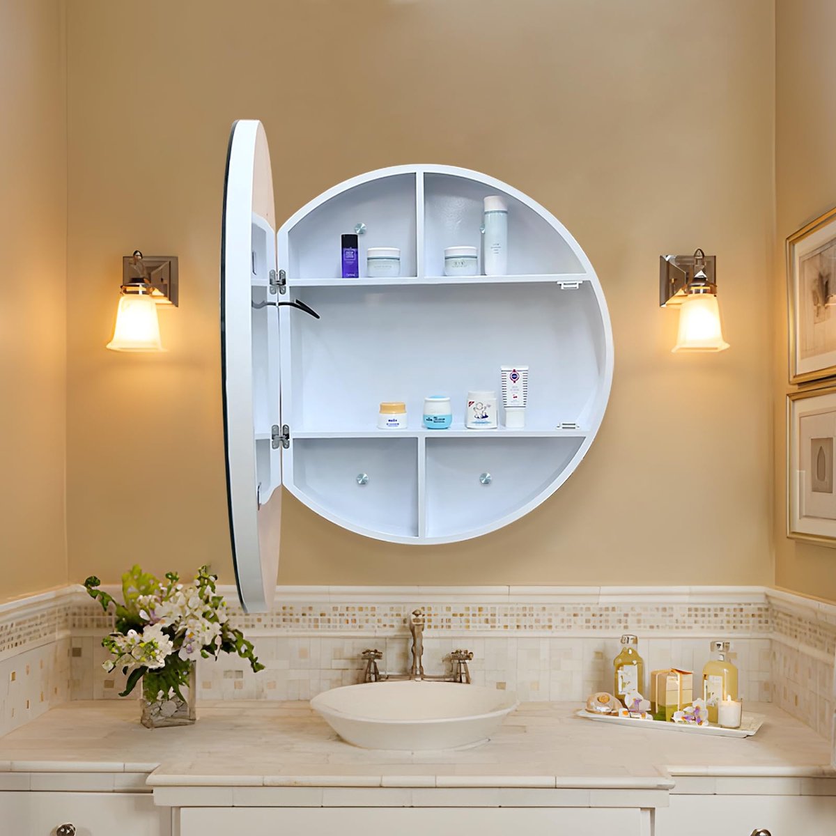SnelShoppen - 61 cm Rond Medicijnkastje met Verlichting - LED Spiegelkast voor Badkamer - Dimbaar, Condensvrij, 3000 K-6500 K Kleurtemperatuur, Wit