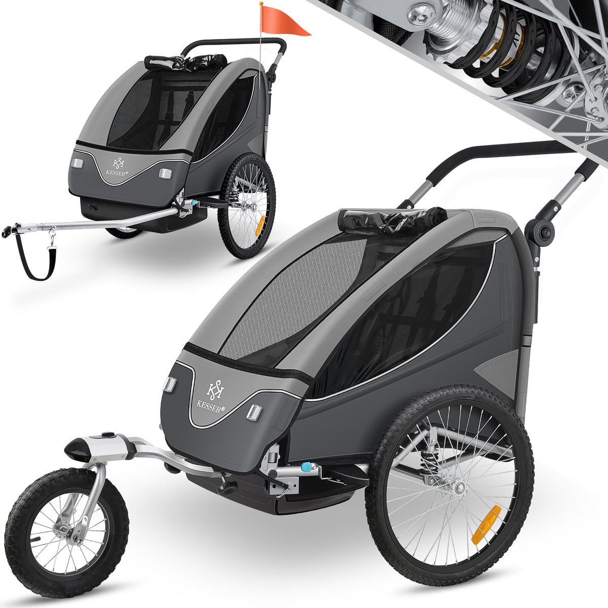 KESSER® Cruiser Kinderfietskar 360° draaibaar met vering 2in1 Jogger functie Kinderfietskar + 5-puntsgordel Jogger Fietskar voor 1 tot 2 kinderen max. 40kg - Lichtgrijs