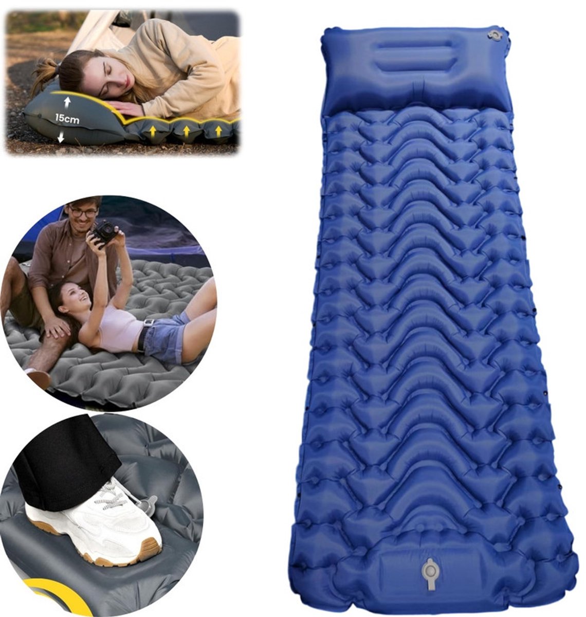Zelfopblazend luchtmatras voor kamperen - Draagbaar opblaasbaar slaapmatje-Opblaasbaar matje voor buiten-Met de voet te bedienen opblaasmatras-Compact formaat-Geschikt voor kamperen, buitenactiviteiten, wandelen, tenten en andere situaties-198*70 cm