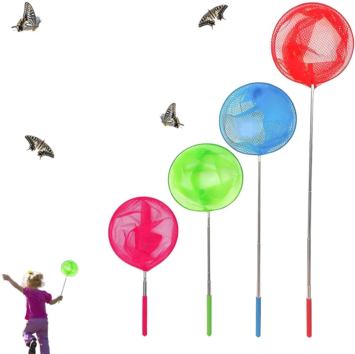 SnelShoppen - 4 stuks kindervisnetten met telescopisch handvat - Vangen van krabben en insecten - Rood, Groen, Roze, Blauw - Perfect voor buitenactivi