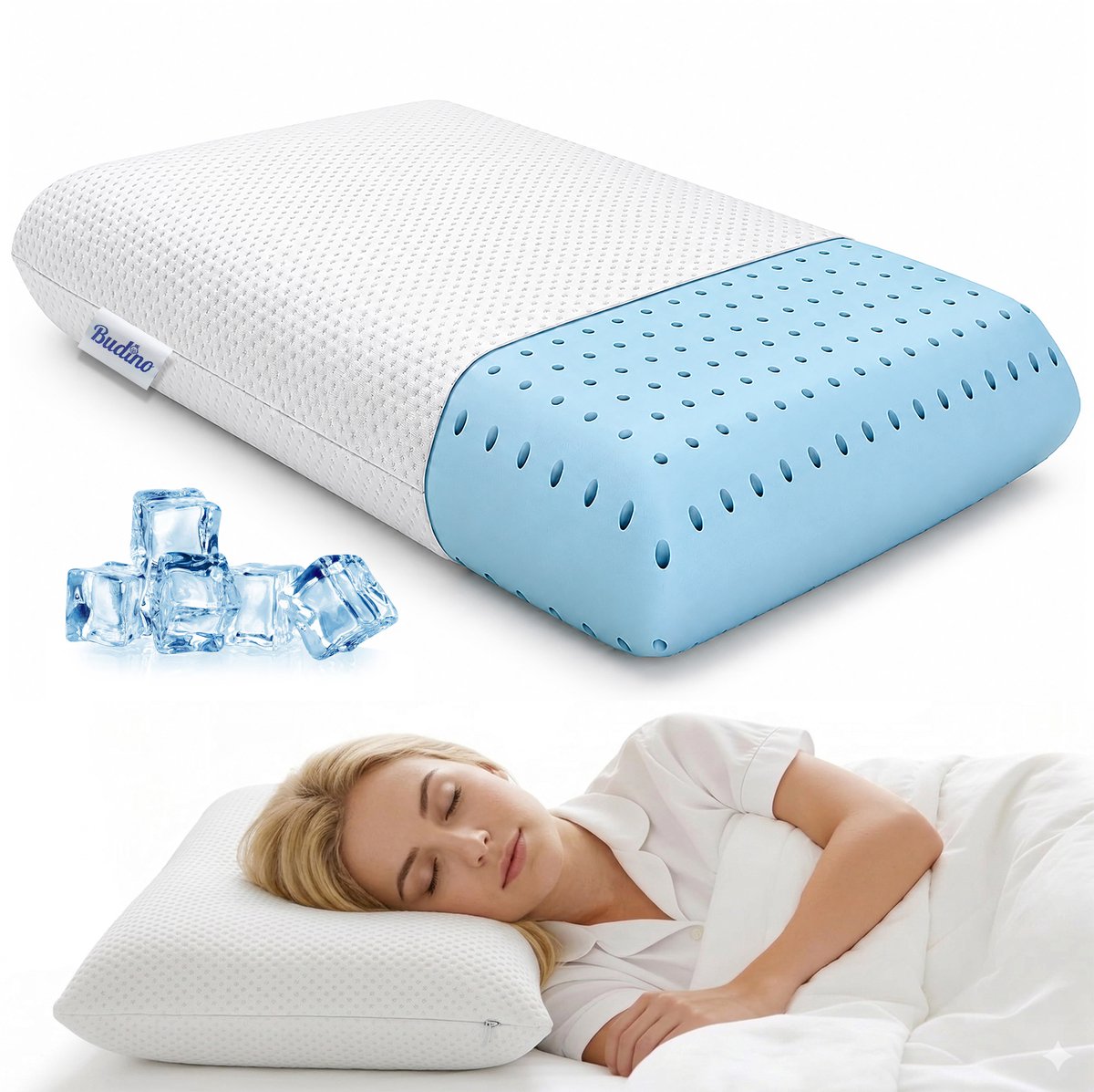 Budino® Breeze Cooling Traagschuim Hoofdkussen - Ergonomisch Cooling Kussen - Nekklachten - Zijslaper - Rugslaper - Slaapkussen