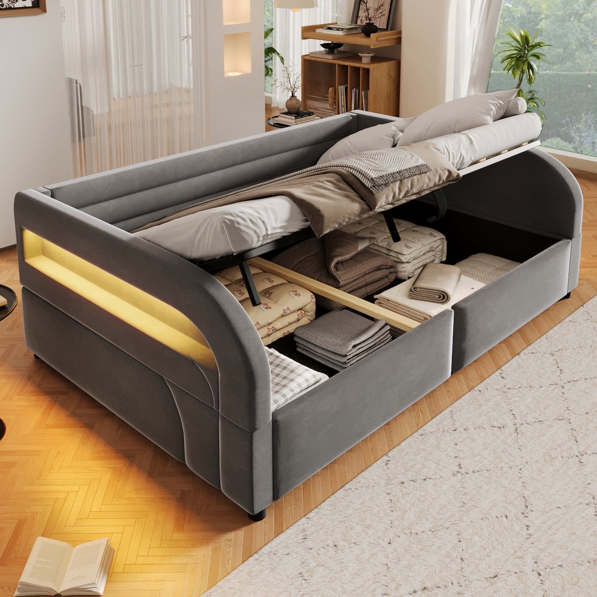 Bed 140x200 cm - Gestoffeerd Bed Met Opbergruimte, LED Verlichting En Grijs Velvet