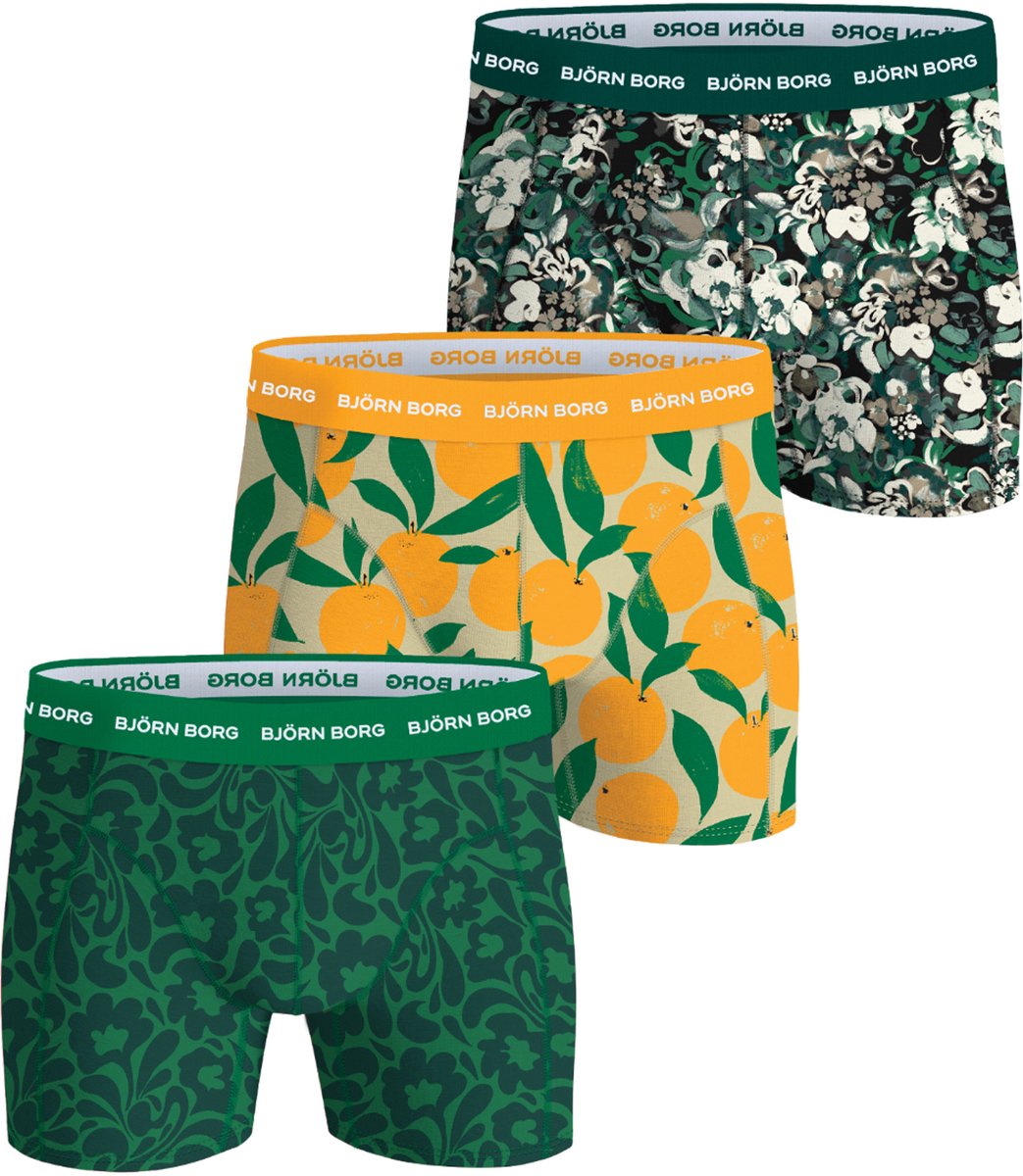 Björn Borg Cotton Stretch boxers - heren boxers normale lengte (3-pack) - groen dessin - citroenen print en zwart met groen en wit dessin