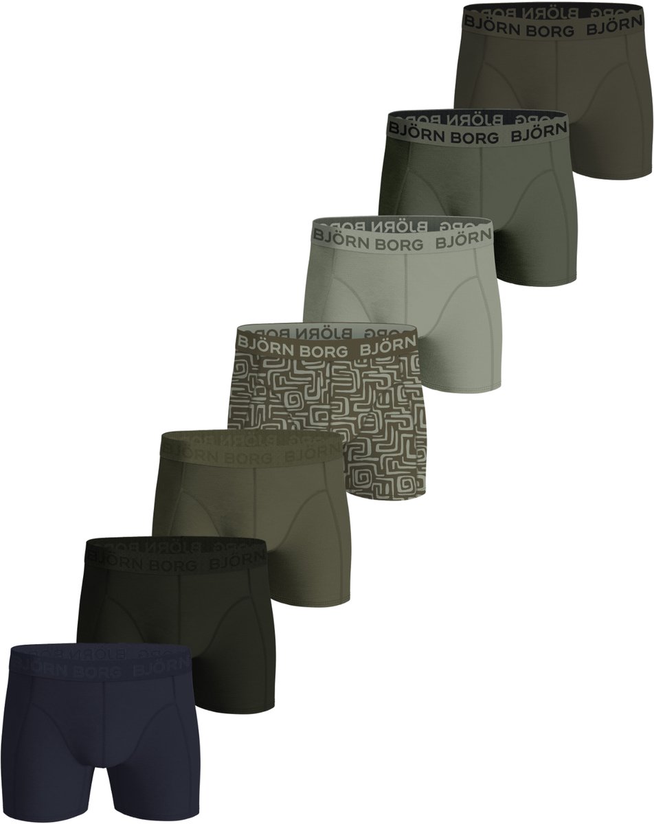 Björn Borg Cotton Stretch boxers - heren boxers normale lengte (7-pack) - donkerblauw - 5 tinten groen en groene print