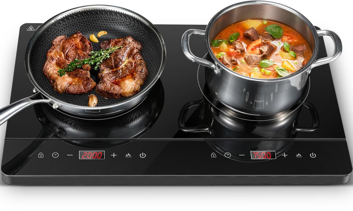SnelShoppen - Inductiekookplaat 2 Vlammen, 3500W, Touch-Bediening, 10 Temperatuurinstellingen, Timer 1-99 min, Kinderbeveiliging voor Keuken en Campin