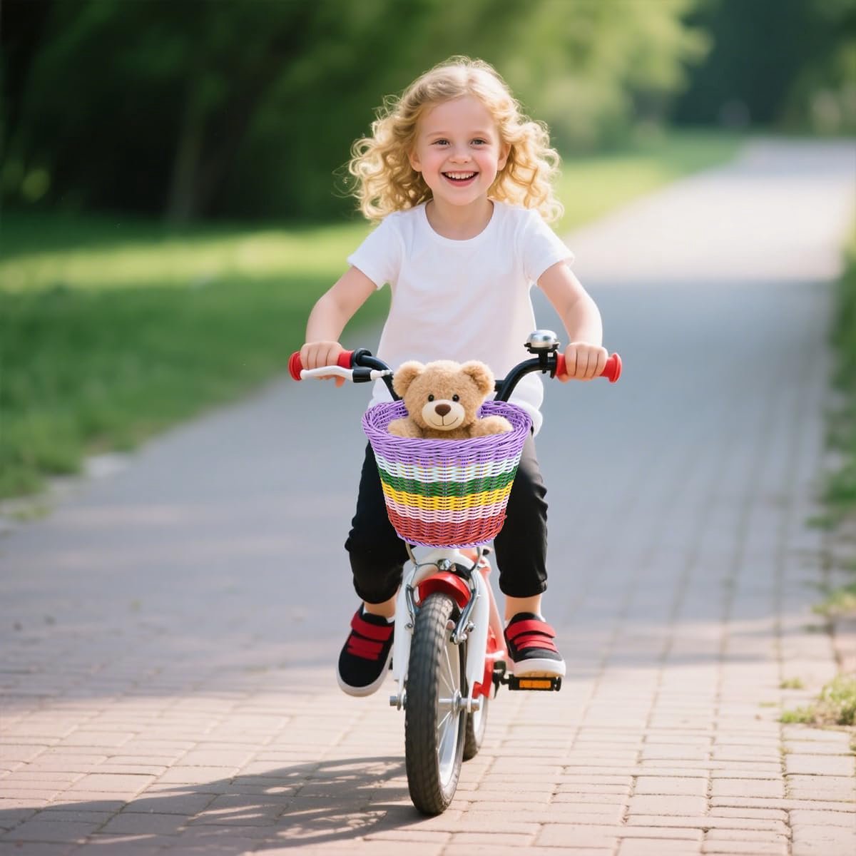 SnelShoppen - Loopfietsmand met 2 leren riemen, afneembaar, gevlochten kunststof fietsmand voor, kleurrijke fietsmand voor kinderen, voor de meeste fi