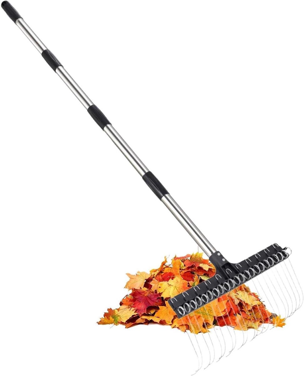 Tuinhark - Bladhark Gazonhark - Bladeren Verzamelen - Uitschuifbare Steel - 98-160 cm - Zilver
