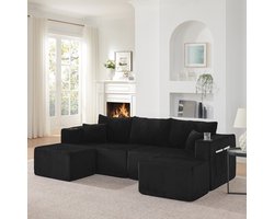 Modulaire Hoekbank Voor 3 Personen Met Verplaatsbare Ottomans, Bekerhouders, Zijvakken En Kussens, Voor Woonkamer, Hotel En Huurwoning, Zwart