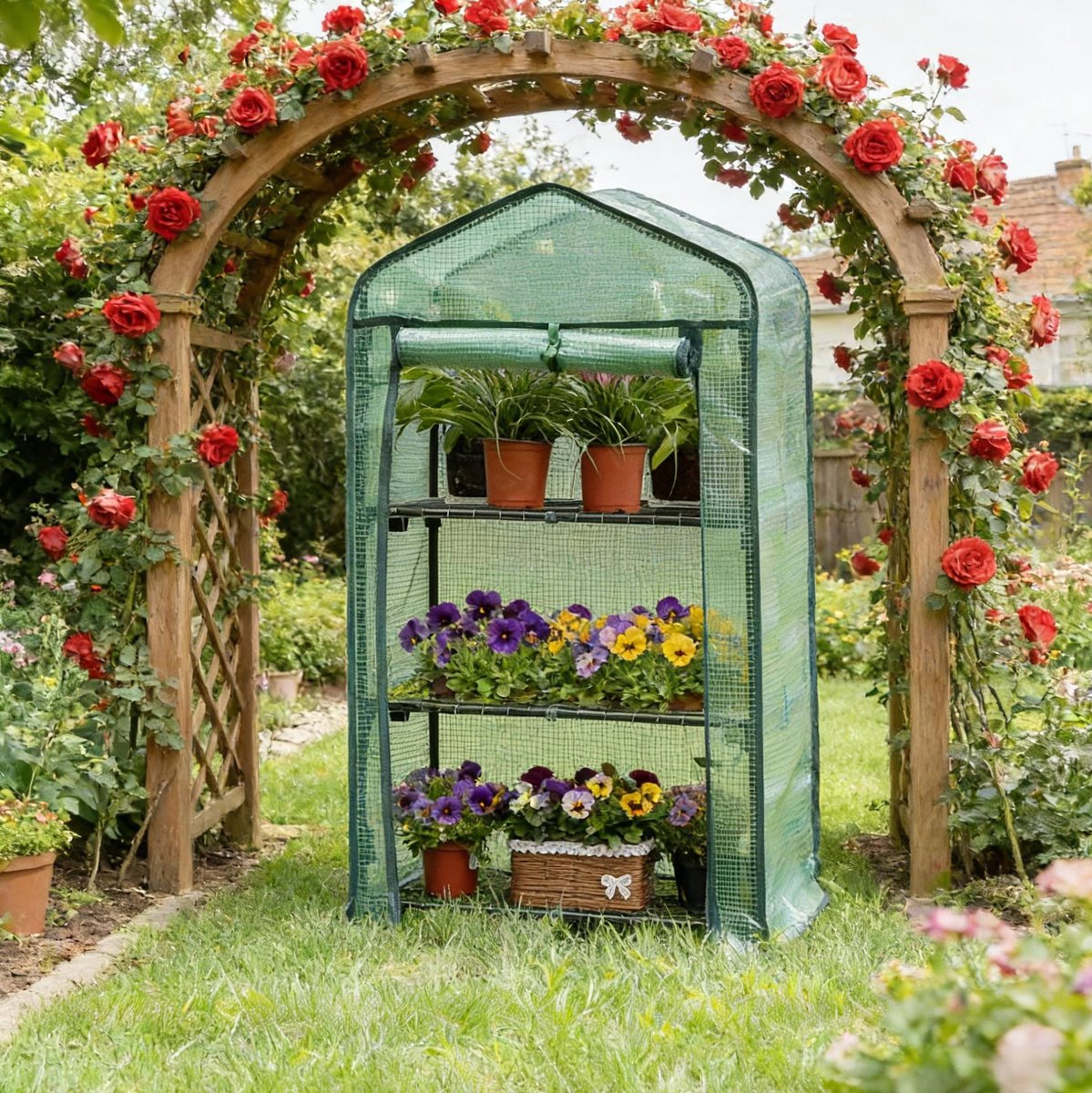 FloraGrace Kas – 69 x 49 x 125 Cm – Roldeur Met Rits – Metaal En Polyetheen – Groen – 3 Etages Voor Balkon Terras En Tuin