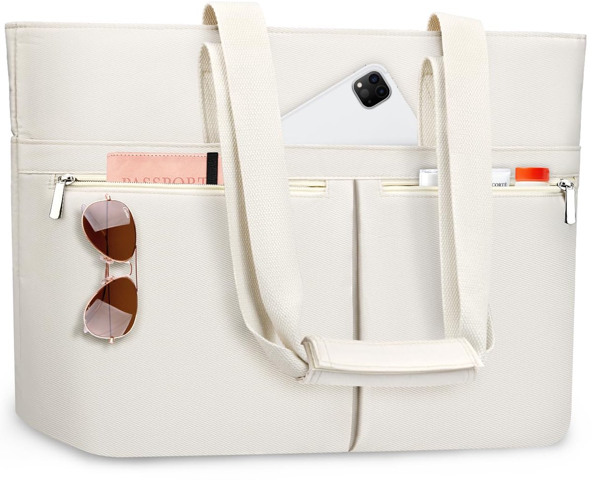 SnelShoppen - Grote XXL Strandtas voor Dames - Opvouwbare Shopper met Ritssluiting en Meerdere Zakken - Zuiver Beige - Ideaal voor Strand, Camping en