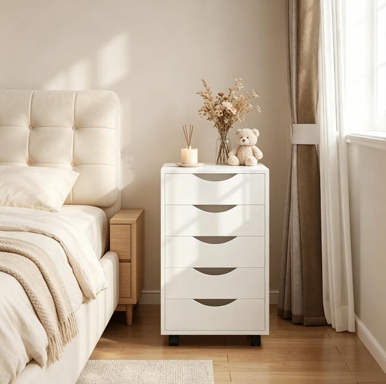 STILVORA Mobiele Opbergkast Met 5 Lades En Wielen Voor Bureau En Slaapkamer - Wit - Kunsthout - 40 X 40 X 66,5 Cm — afbeelding 3