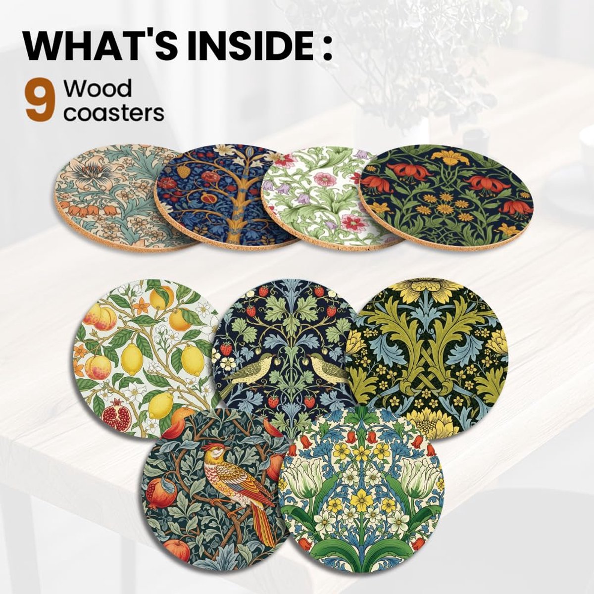SnelShoppen - Houten Onderzetters Set van 9 met Vintage Bloemenpatroon, Antislip Bureauonderzetters voor Dranken, 9,9 cm Kleurige Bekermatten voor Thu