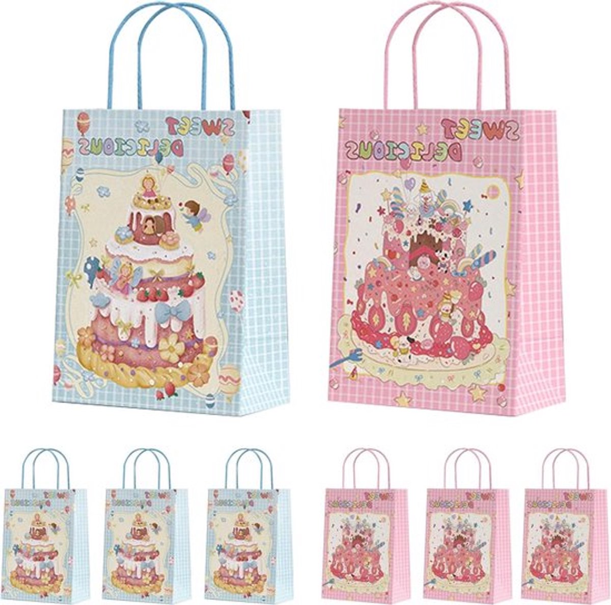 Set van 8 papieren geschenkzakken met handgrepen | Herbruikbare feestzakken voor cadeaus | Kleine zakjes 21 x 15 x 8 cm | Snoep inpakken | Feestelijke papieren zakken