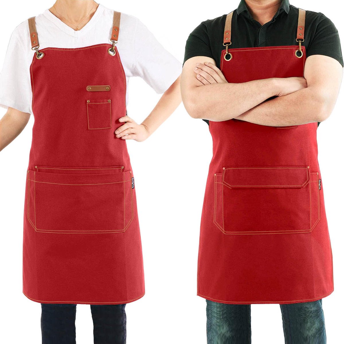 SnelShoppen - Chef schort voor mannen en vrouwen met zakken | Verstelbare Cross-Back werkschort | Canvas Keuken Koken BBQ Schort | Professioneel Baris