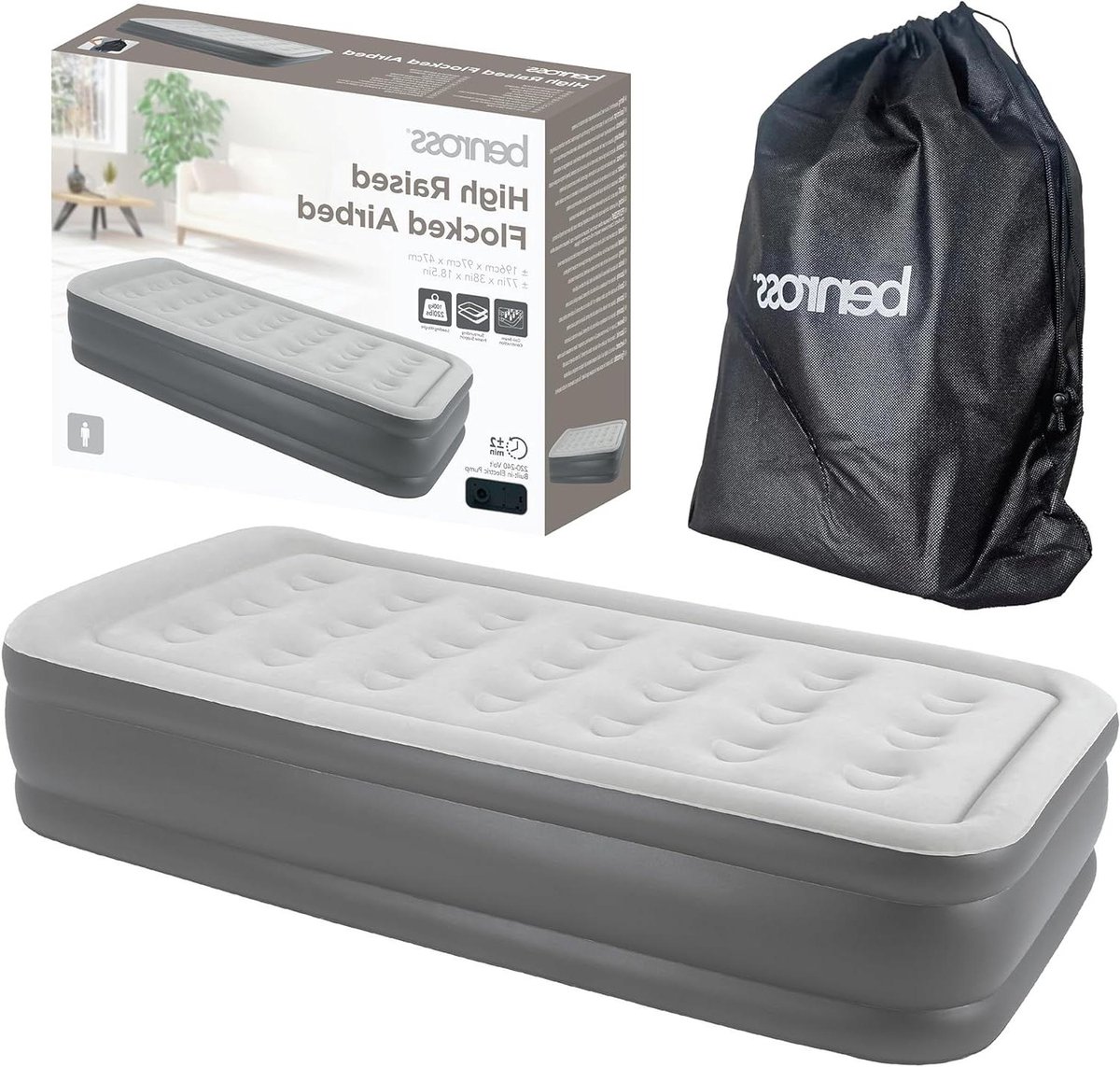 Luchtbed - Opblaasbaar bed - Kamperen of logeren - Ingebouwde elektrische pomp - 203 x 157 cm - Grijs