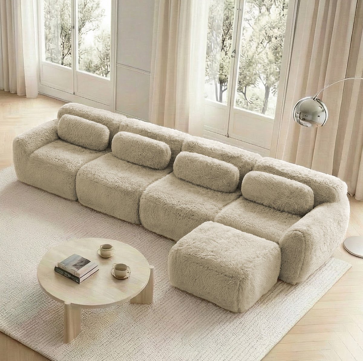 COVREO Hoekbank 378 x 179 x 73 cm - licht kaki pluche, modulair, 4-zits, met kussens