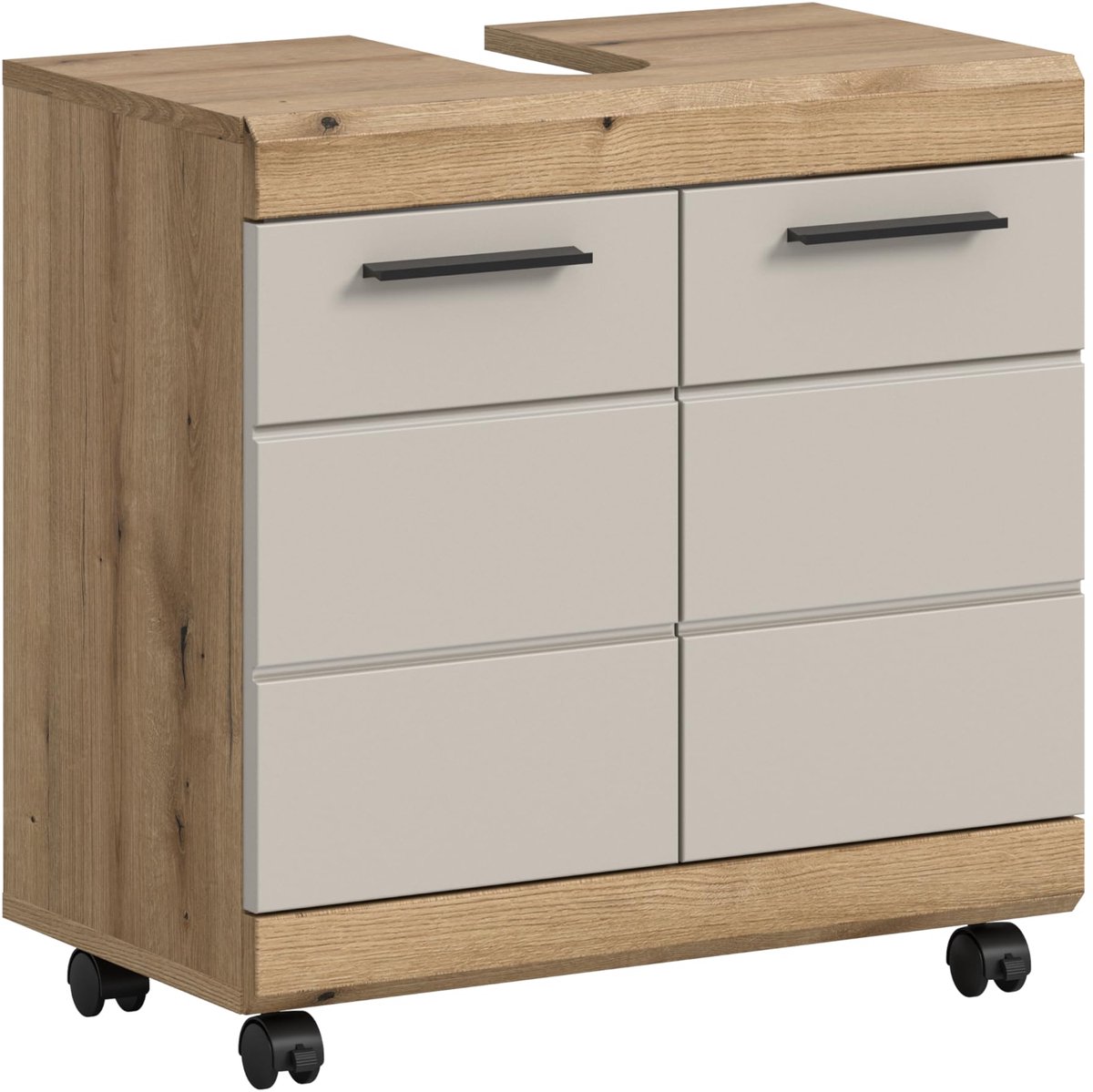 SnelShoppen - Wastafelonderkast Mobiel Scout 60x60x34 cm op Wieltjes in Evoke Oak en Kasjmier - Flexibele Badkamerkast met Extra Opbergruimte voor Ord