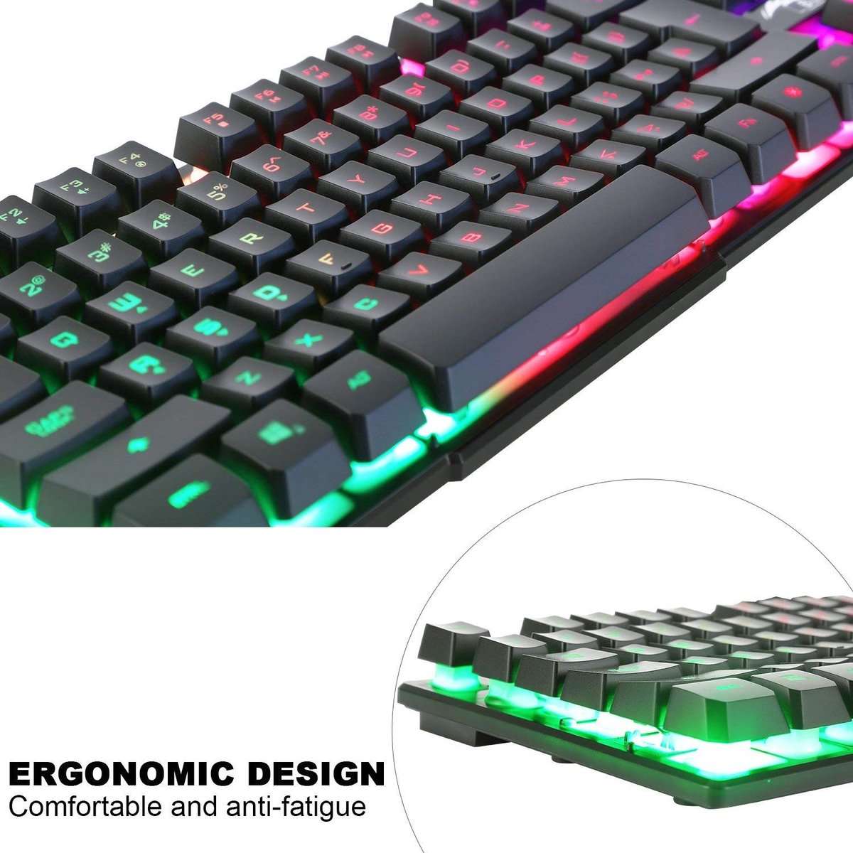 SnelShoppen - Gaming Toetsenbord en Muis Set QWERTZ Lay-out, Verlichte USB, Waterdicht, 2400 DPI, Regenboogkleuren voor Professionele PC Gamers