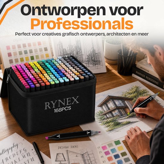 Een set van 168 Rynex markers, geopend, met een man die een architectonisch ontwerp tekent.