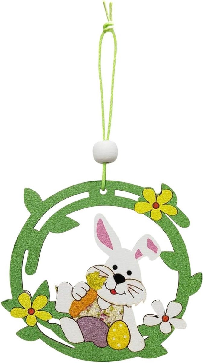 Houten Paasdecoratie - Paashaas Hanger - Feestelijke Versiering - Natuurlijk Hout - 8.5 x 7.6 cm - Gele Bloem