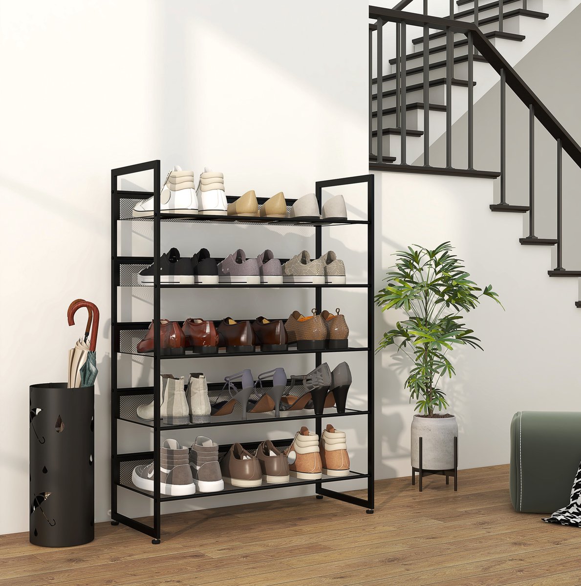 FloraGrace Schoenenrek – 5 Laags Smal – Stalen Frame – Zwart – Voor Hal, Gang En Woonkamer – Met Mesh Legplanken En Verstelbare Voetdoppen