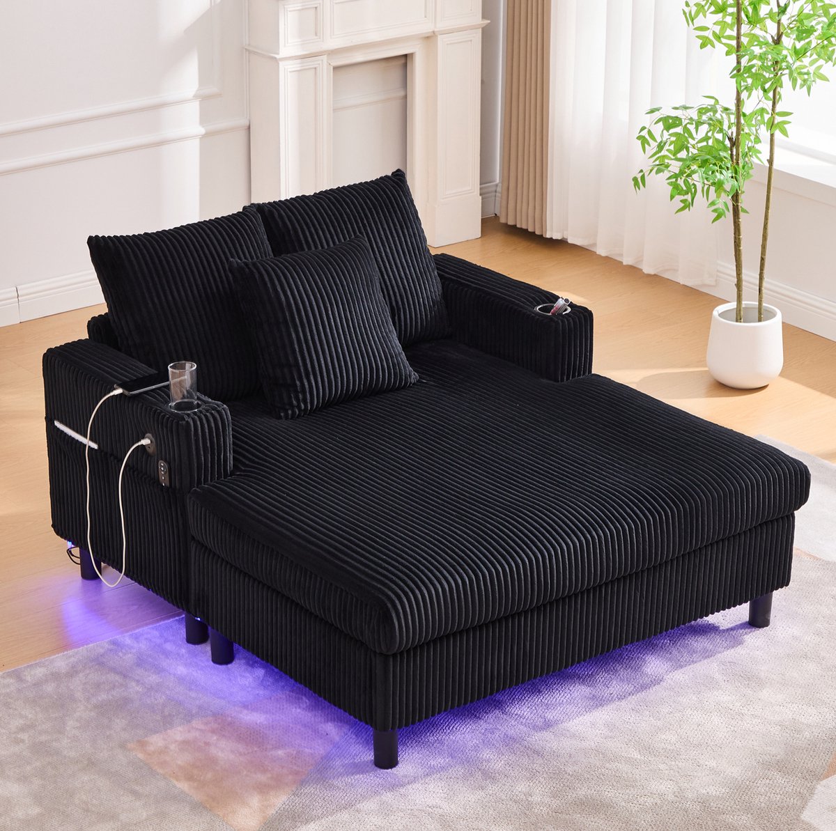 COVREO Fauteuil chaise longue 142x128x85 cm - zwart velvet, met USB, drinkhouder en LED-verlichting