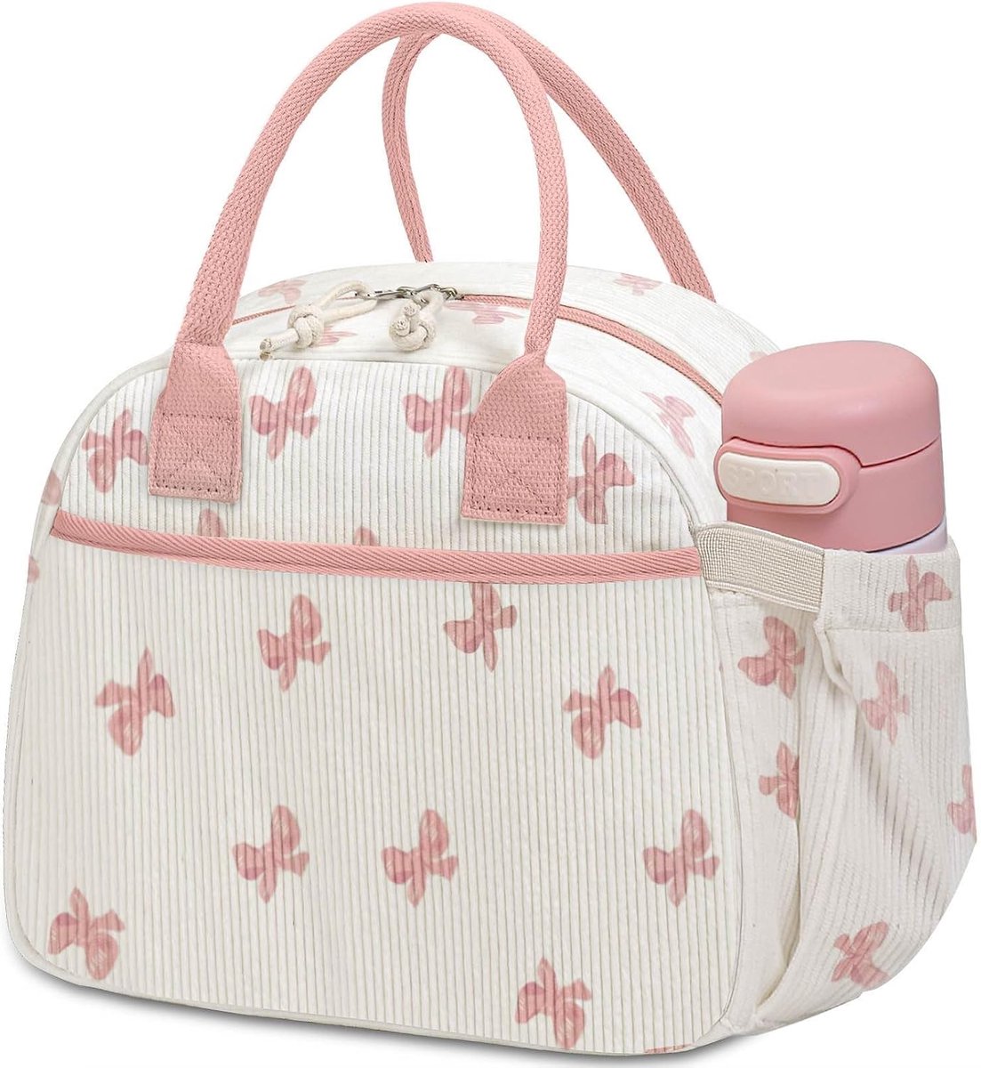 LISM-Dameslunchbox, geïsoleerde lunchtas, schattige corduroy lunchtas, herbruikbare lunchbox Geschikt voor op het werk (roze met strik).