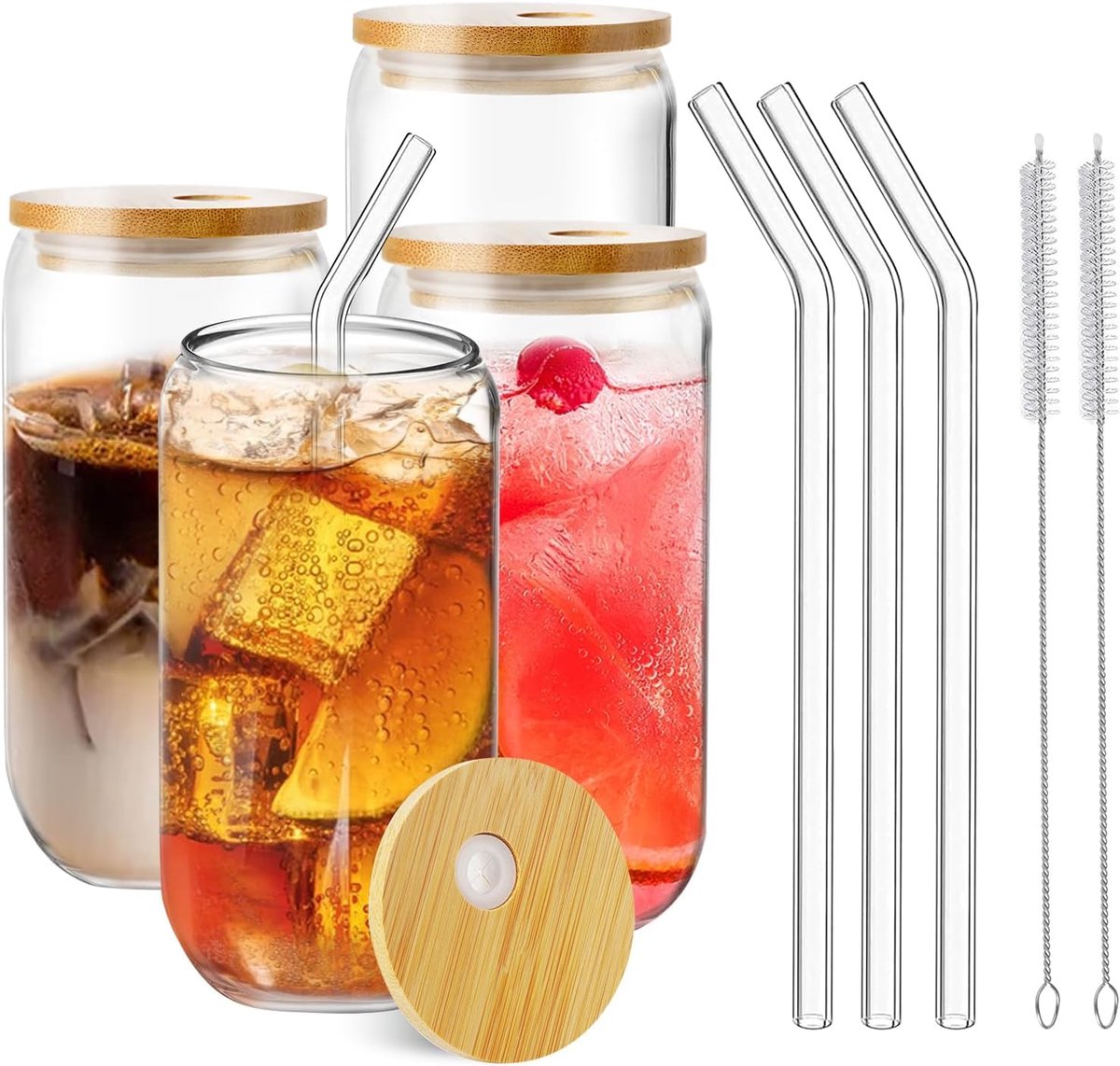 Dailygoods - Glazen Bekers Set van 4 - 500ml met Deksel en Rietje