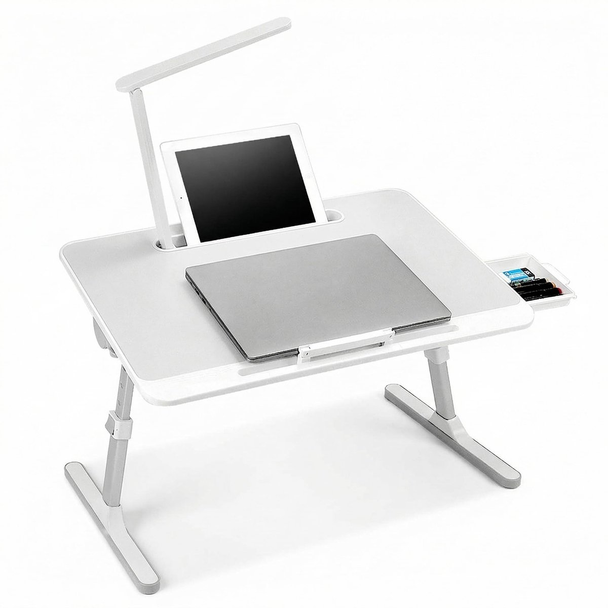 SnelShoppen - Verstelbare Laptoptafel voor Bed en Bank, Opklapbare Bedtafel met Lade en LED-Lamp, 60 x 40 cm, Ideaal voor Thuis, Camping en Reizen