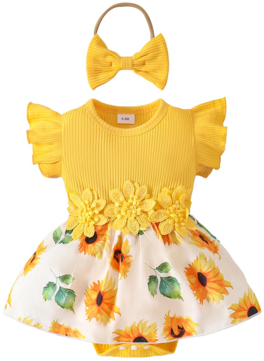 SnelShoppen - Pasgeboren Baby Meisjes Kleding Sets Ruches Korte Mouwen Tops Bloemen Bretels Shorts met Hoofdband Zomer Outfits Gele Zonnebloem 3-6 Maa