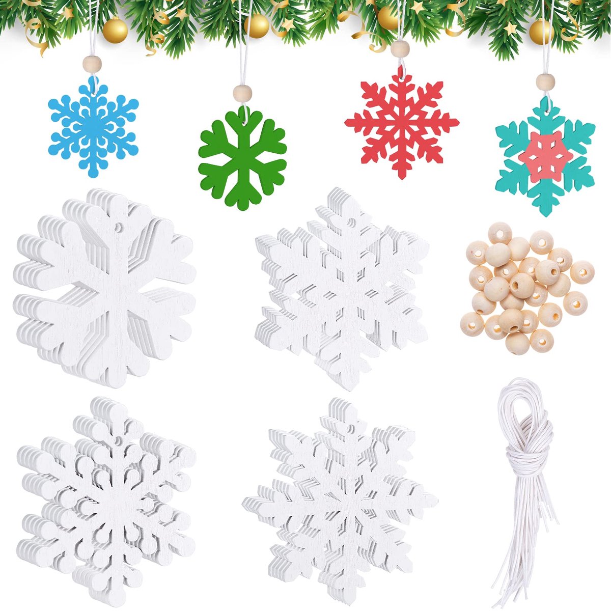 Dailygoods - 20 Stuks Witte Houten Sneeuwvlokken Hangers - Kerstdecoratie