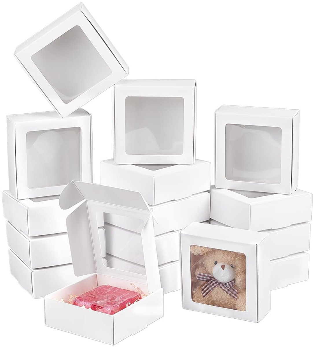 Dailygoods - 48 Stuks Vierkante Witte Papieren Dozen - Geschenkdozen met Doorzichtig Venster