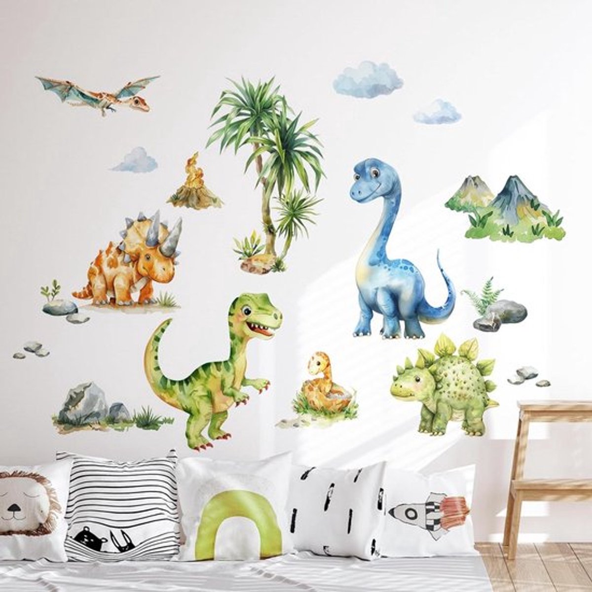 Dinosaurus Muurstickers Tropische Palmboom Aquarel Decor Baby Nursery Peuter Slaapkamer