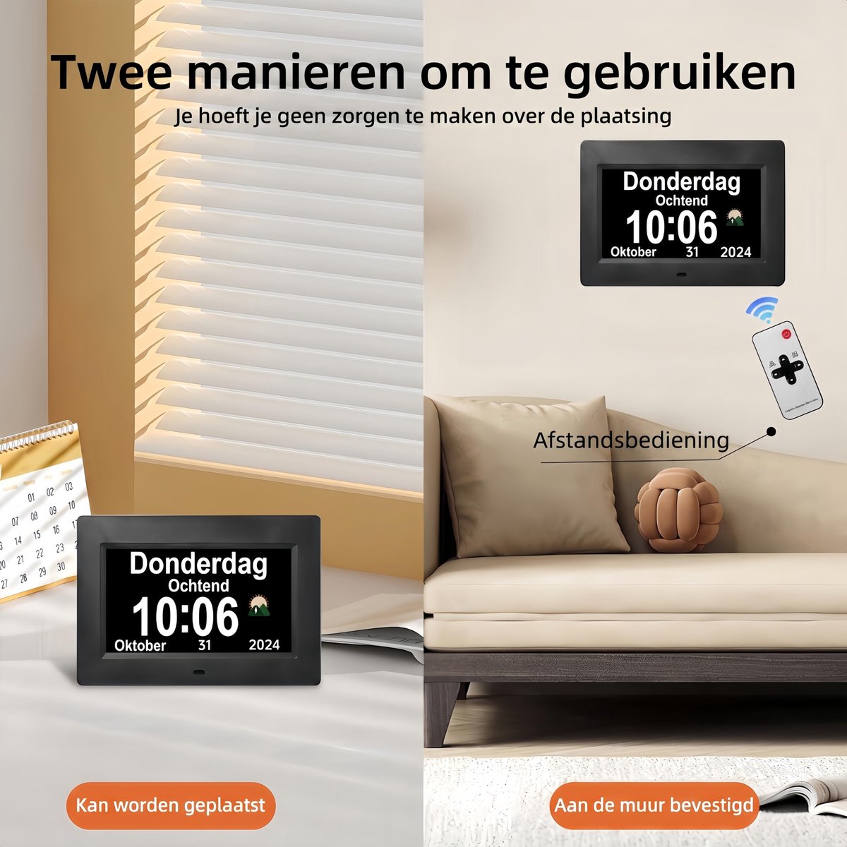 SnelShoppen - Memwake 7 inch digitale klok met groot lettertype, 3 weergave-modi, alarmen en medicatie herinneringen voor ouderen en Alzheimer patiënt