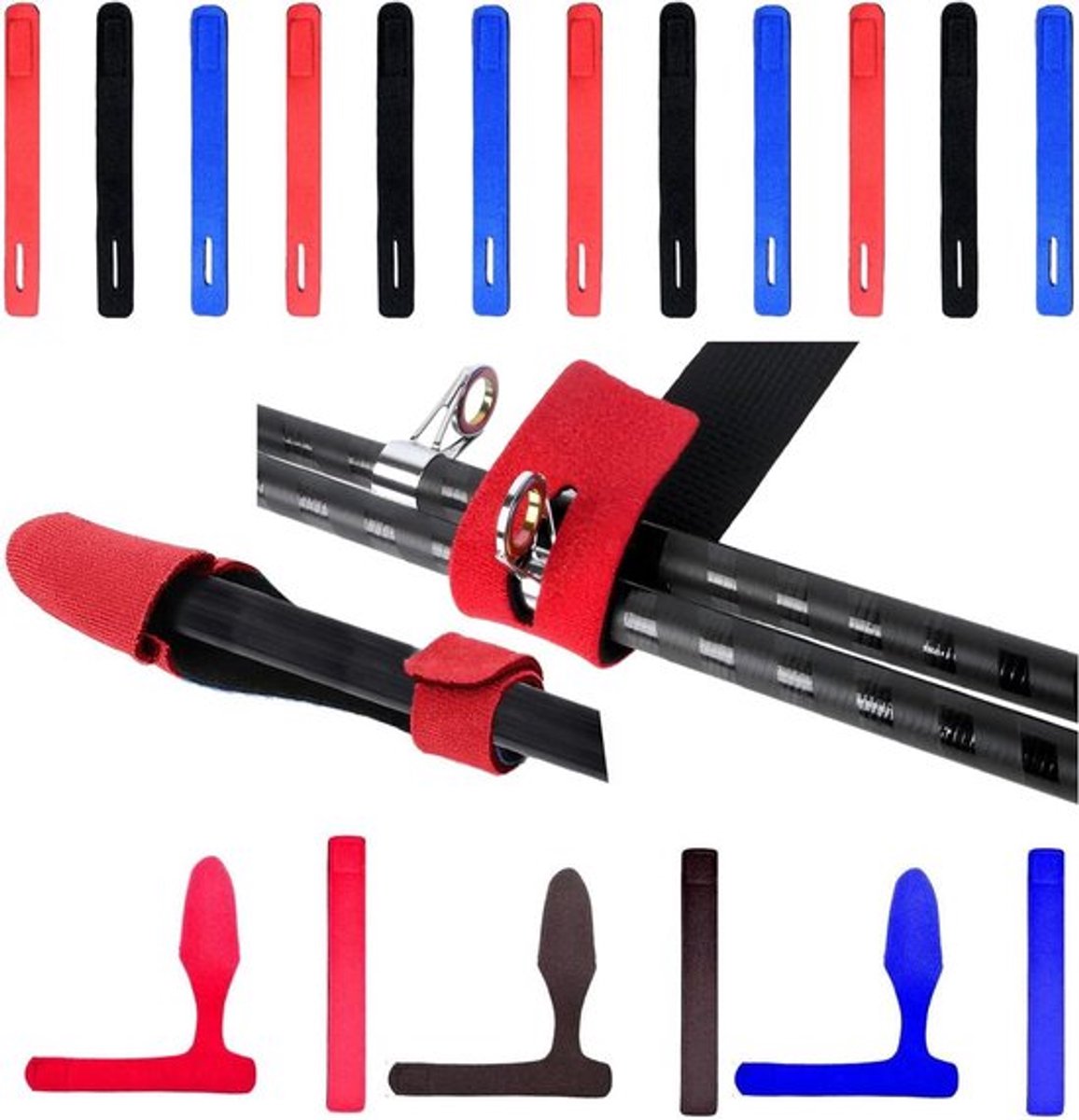 Hengel riem set met elastische fixatie voor bescherming - 15 stuks hengel riemen - 3 hengeltip covers.