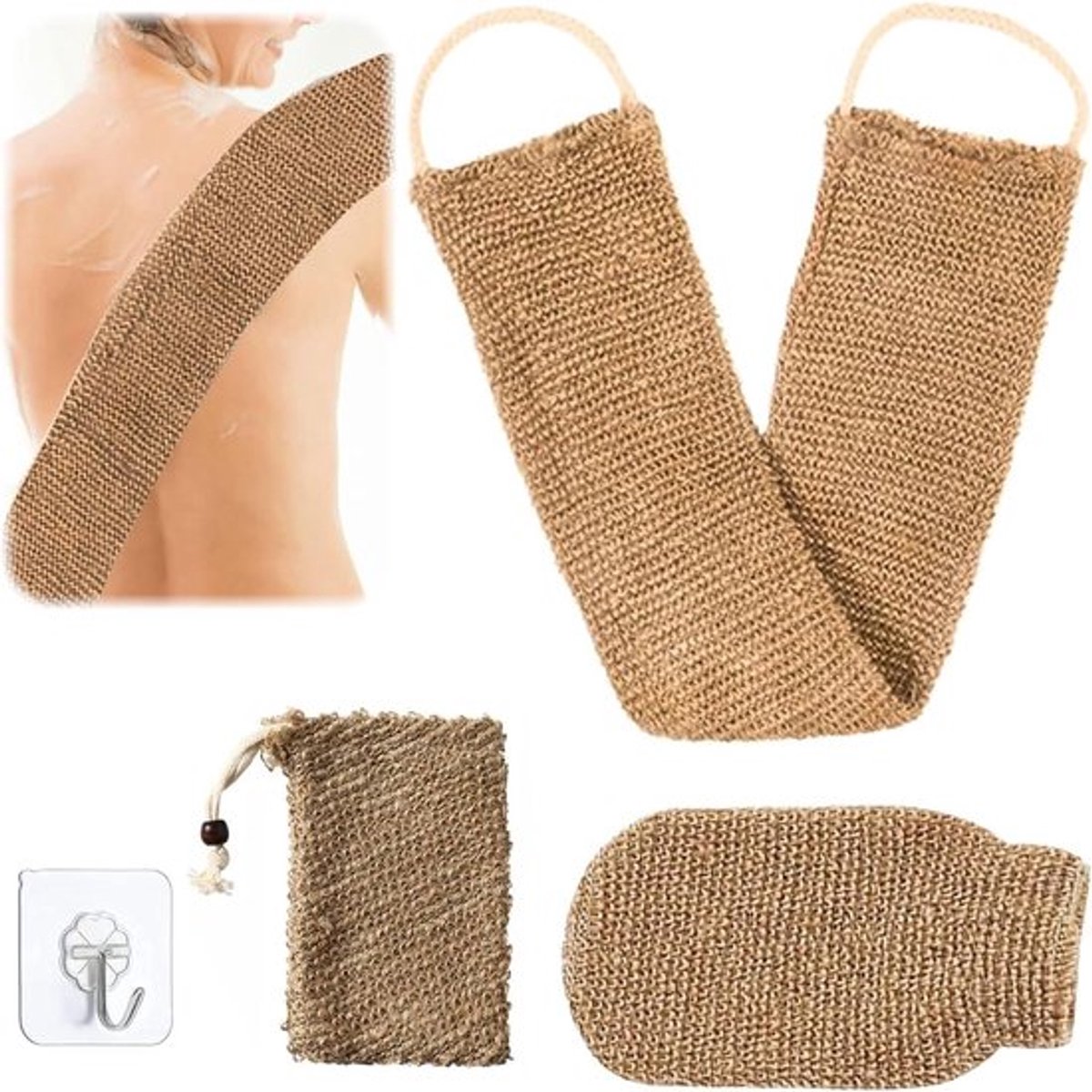 Exfoliatiehandschoenen, bodyscrubhandschoen, scrubber en rugband voor badmassages - jute - peeling-handschoenen - douchehandschoen - bruin