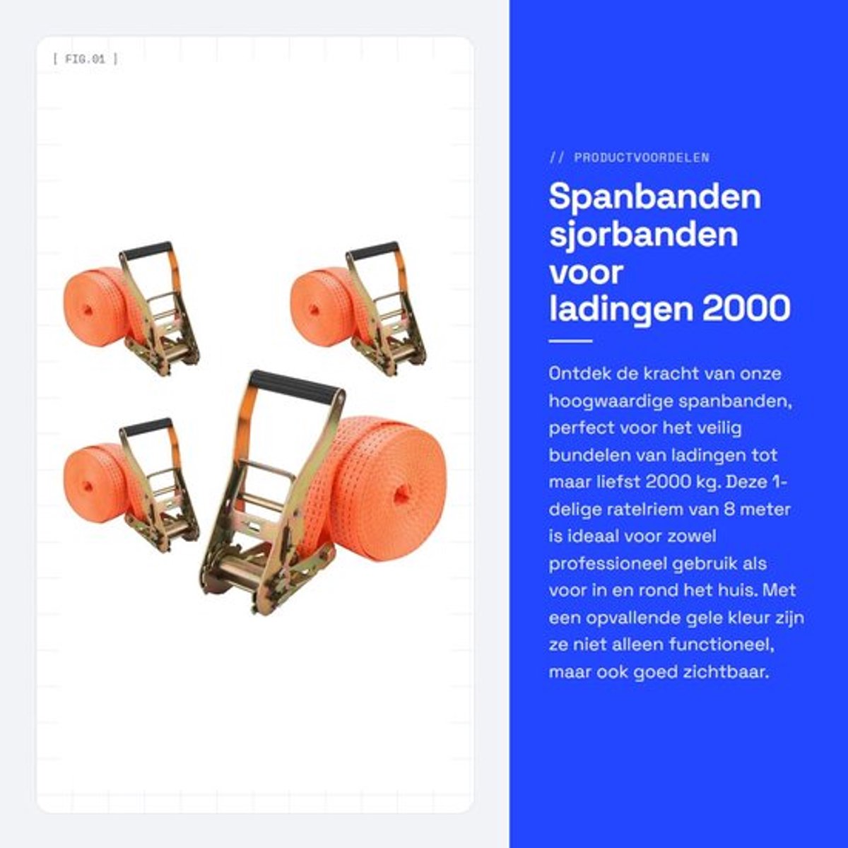 Spanbanden met Ratel - 2000 kg - 8 m - 50 mm - Sjorbanden - Vrachtriemen - 4 Stuks