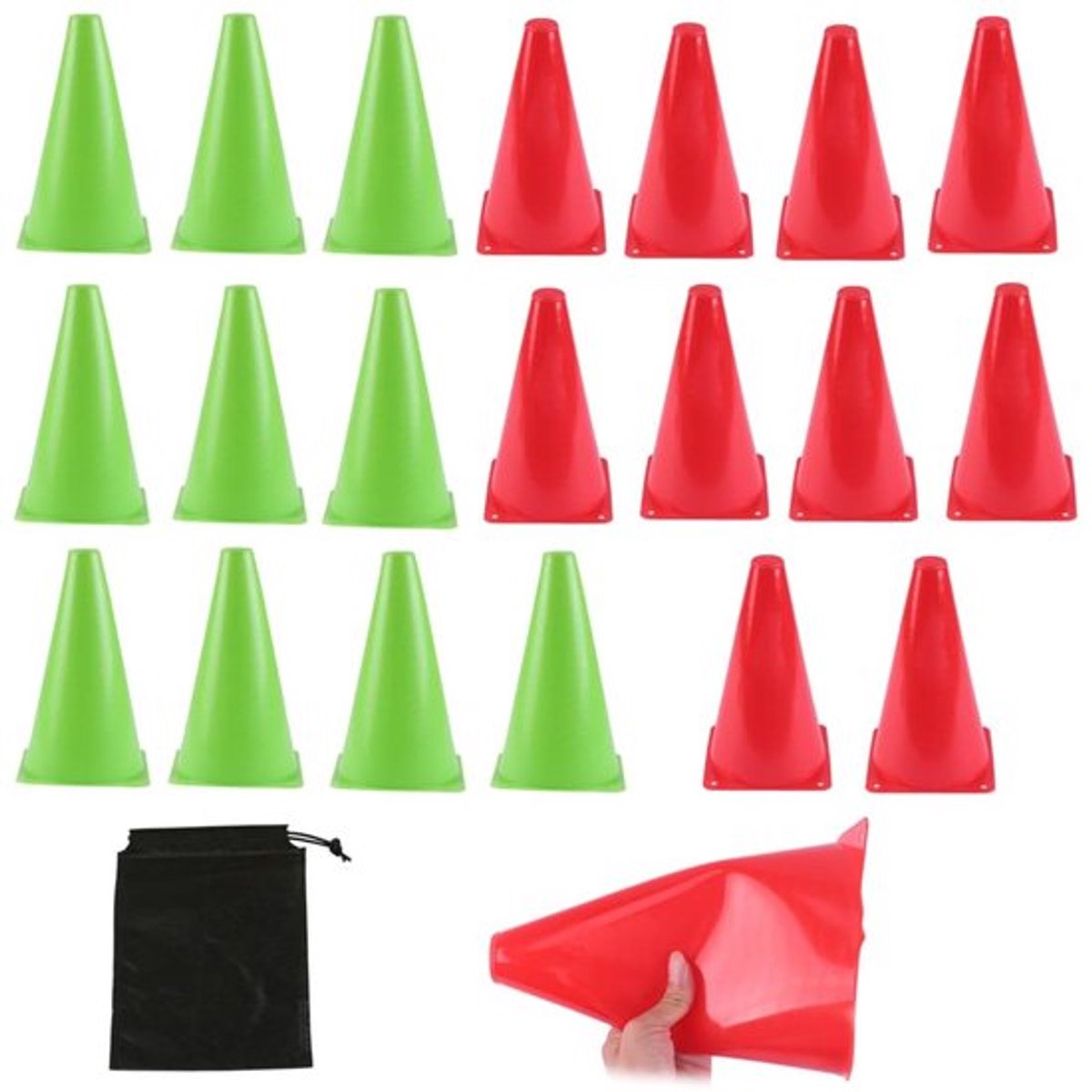 Sportconen - Trainingsmarkeringen - Set van 20 in Rood en Groen - Ideaal voor Voetbal en Basketbal - Inclusief Opbergtas