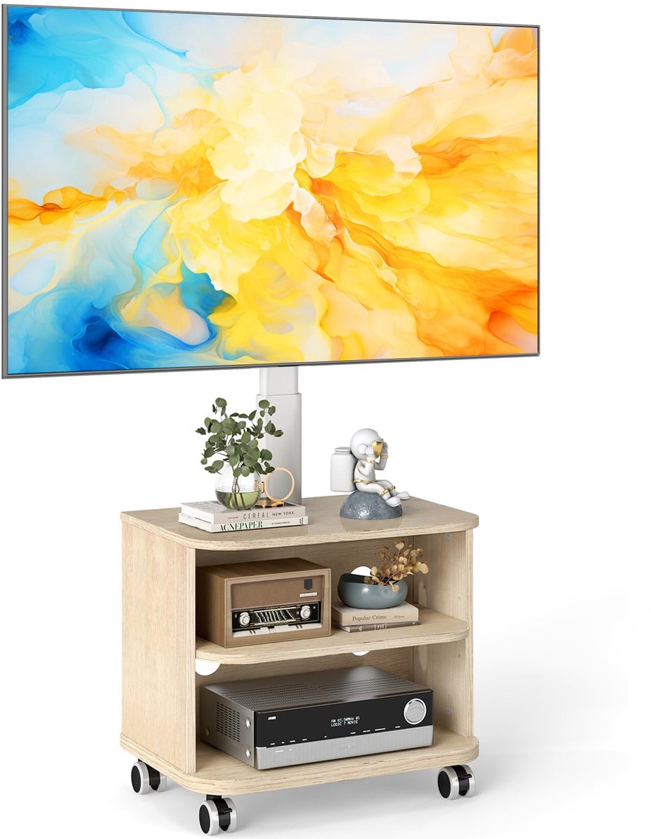 SnelShoppen - Witte TV-standaard op wielen voor 32-65 inch LED LCD OLED plasma tv's, hoogte verstelbare mobiele tv-kast met beugel tot 40 kg en houten